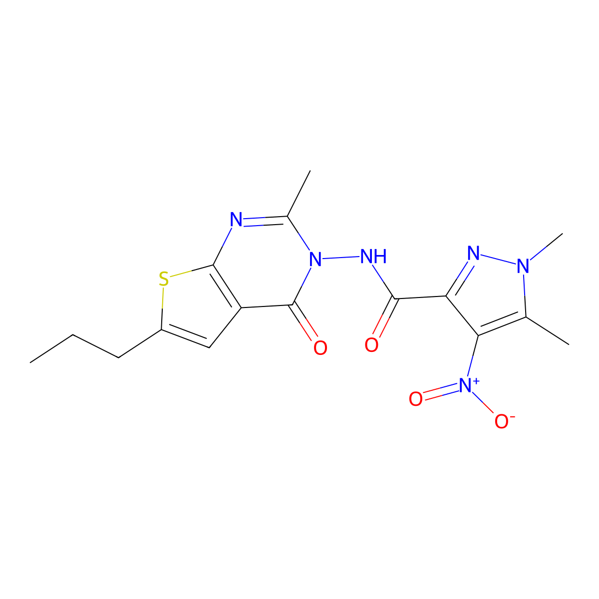1,5-Dimethyl-N-[2-methyl-4-oxo-6-propylthieno[2,3-D]pyrimidin-3(4H)-YL]-4-nitro-1H-pyrazole-3-carboxamide molecular structure, CAS 1005627-39-3