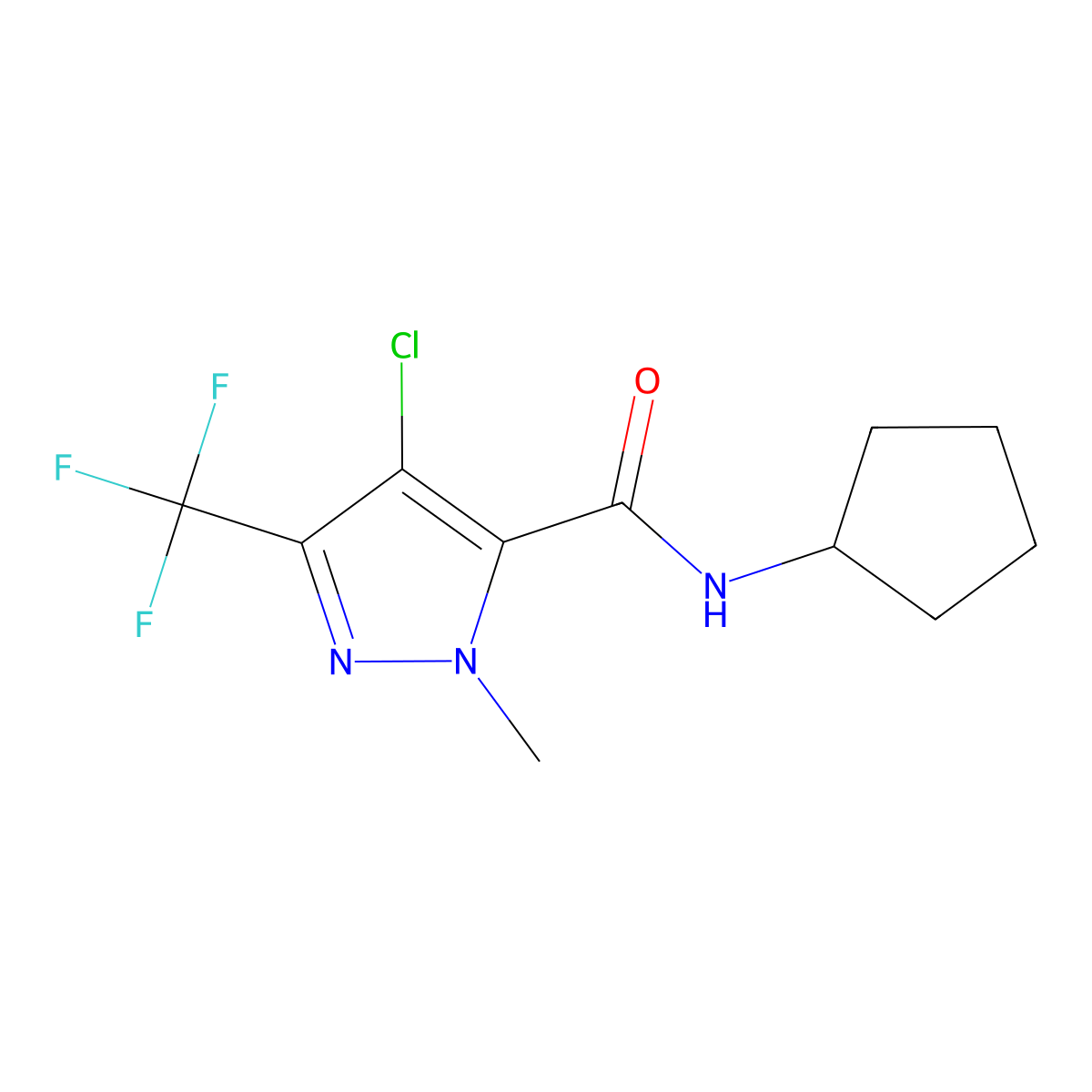 4-chloro-N-cyclopentyl-2-methyl-5-(trifluoromethyl)pyrazole-3-carboxamide molecular structure, CAS 1005627-40-6