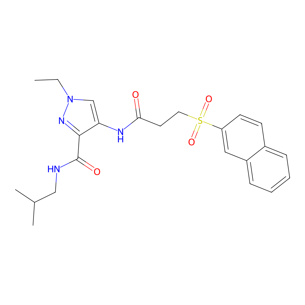 1-ethyl-N-(2-methylpropyl)-4-{[3-(naphthalen-2-ylsulfonyl)propanoyl]amino}-1H-pyrazole-3-carboxamide molecular structure, CAS 1005627-45-1