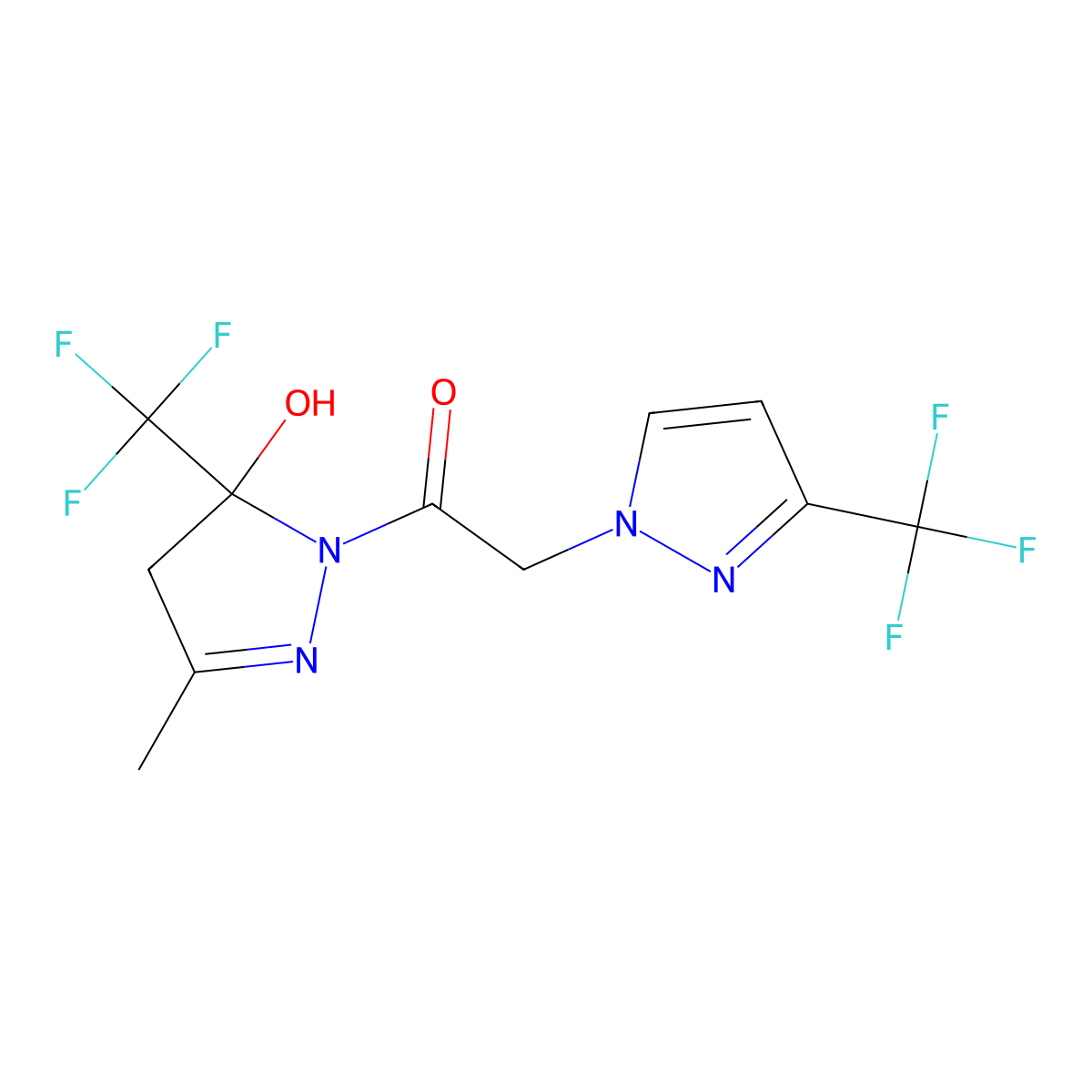 1-[5-hydroxy-3-methyl-5-(trifluoromethyl)-4,5-dihydro-1H-pyrazol-1-yl]-2-[3-(trifluoromethyl)-1H-pyrazol-1-yl]ethanone molecular structure, CAS 1005627-63-3