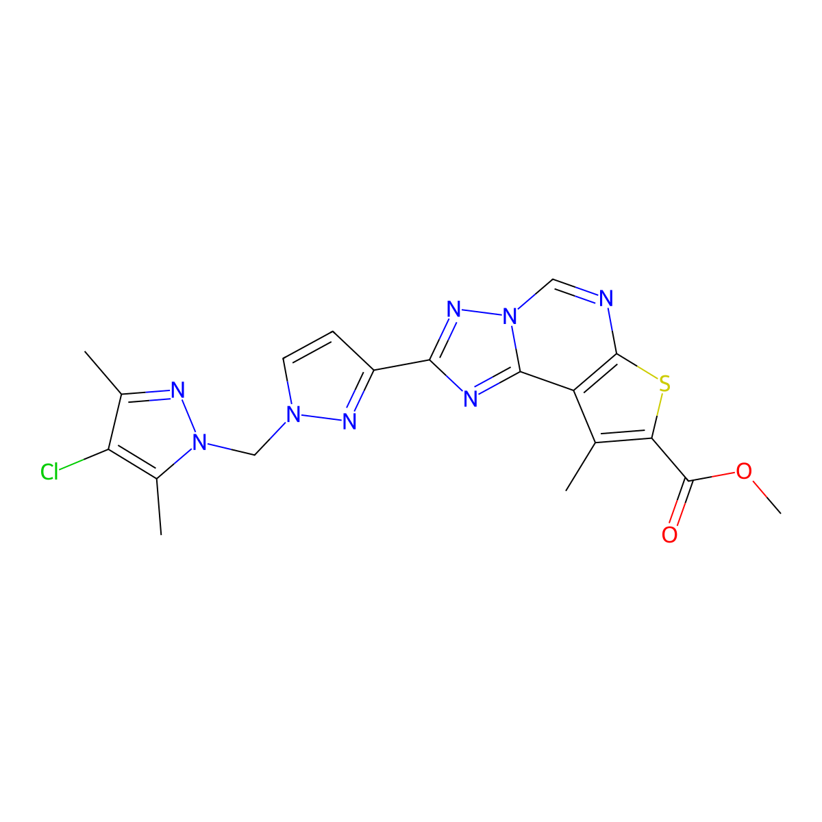 methyl 2-{1-[(4-chloro-3,5-dimethyl-1H-pyrazol-1-yl)methyl]-1H-pyrazol-3-yl}-9-methylthieno[3,2-e][1,2,4]triazolo[1,5-c]pyrimidine-8-carboxylate molecular structure, CAS 1005627-71-3