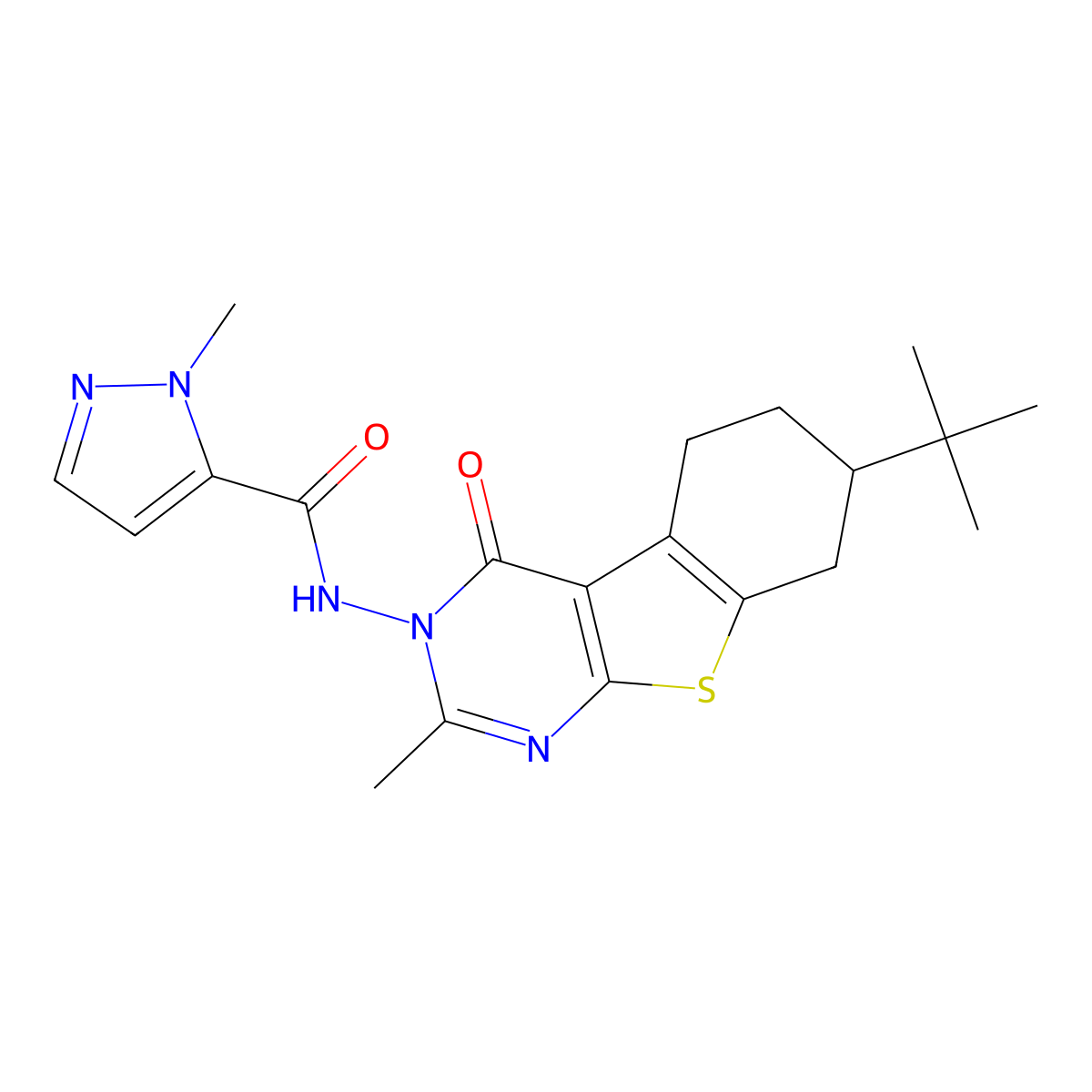 N-(7-tert-butyl-2-methyl-4-oxo-5,6,7,8-tetrahydro-[1]benzothiolo[2,3-d]pyrimidin-3-yl)-2-methylpyrazole-3-carboxamide molecular structure, CAS 1005628-06-7