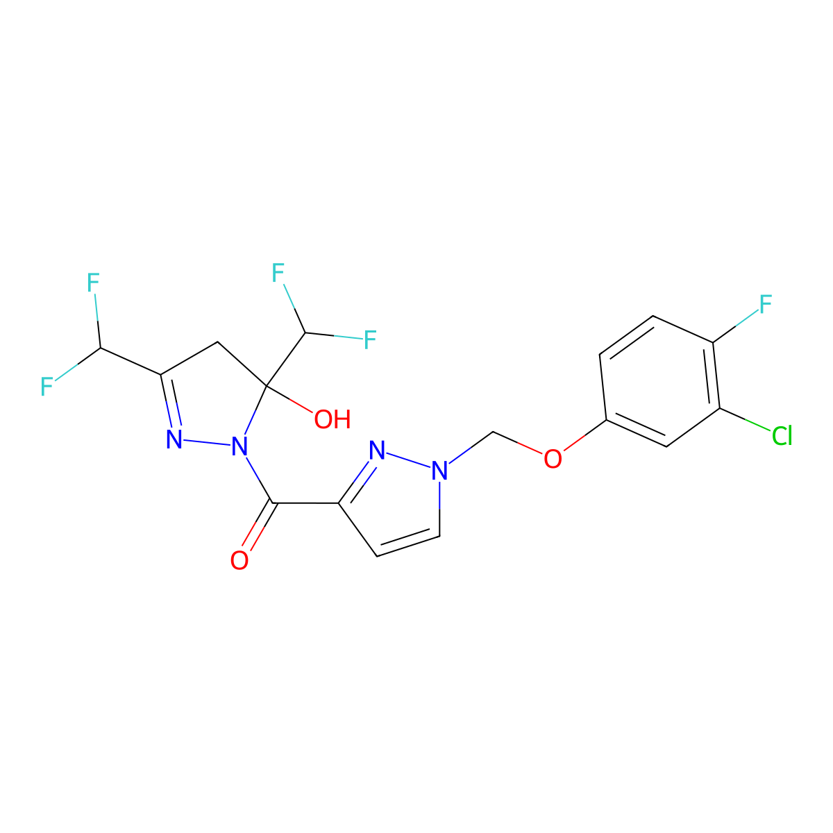 [3,5-bis(difluoromethyl)-5-hydroxy-4,5-dihydro-1H-pyrazol-1-yl]{1-[(3-chloro-4-fluorophenoxy)methyl]-1H-pyrazol-3-yl}methanone molecular structure, CAS 1005628-25-0