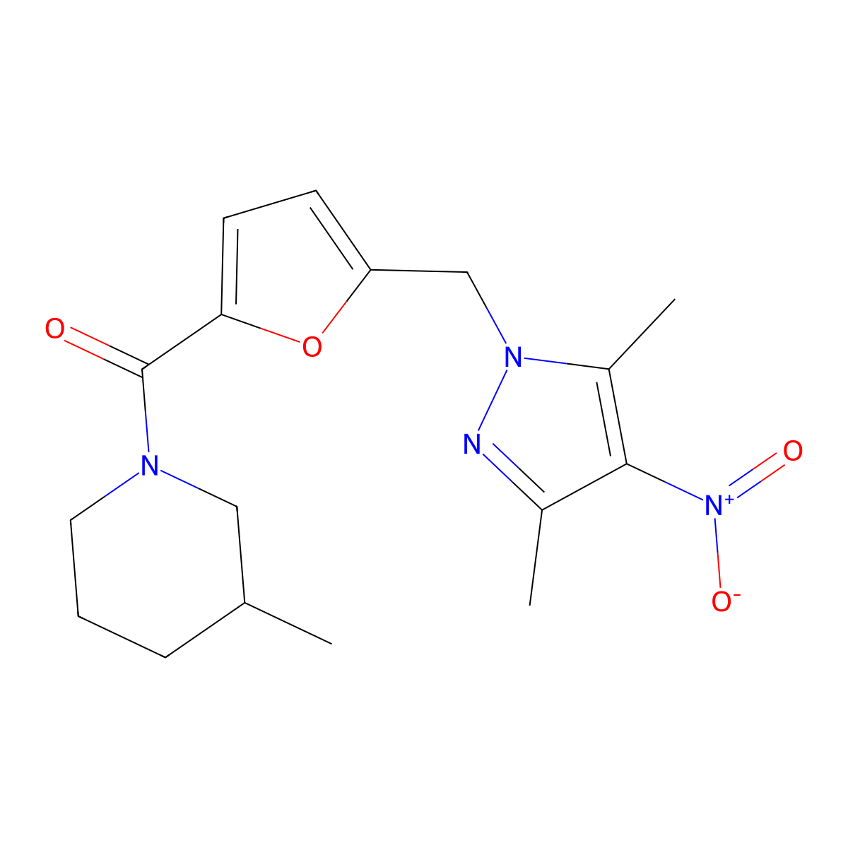 {5-[(3,5-dimethyl-4-nitro-1H-pyrazol-1-yl)methyl]furan-2-yl}(3-methylpiperidin-1-yl)methanone molecular structure, CAS 1005628-44-3