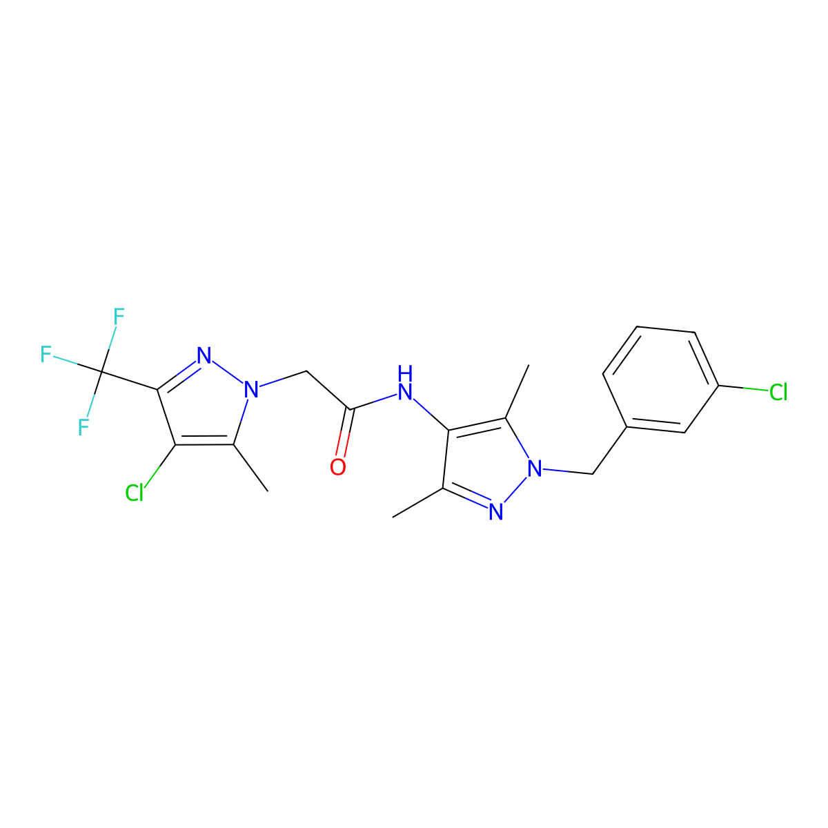 2-[4-chloro-5-methyl-3-(trifluoromethyl)pyrazol-1-yl]-N-[1-[(3-chlorophenyl)methyl]-3,5-dimethylpyrazol-4-yl]acetamide molecular structure, CAS 1005628-61-4