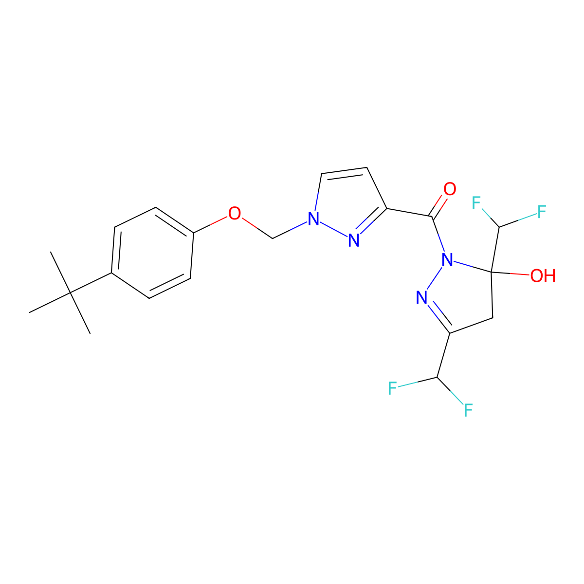 [3,5-bis(difluoromethyl)-5-hydroxy-4,5-dihydro-1H-pyrazol-1-yl]{1-[(4-tert-butylphenoxy)methyl]-1H-pyrazol-3-yl}methanone molecular structure, CAS 1005629-17-3