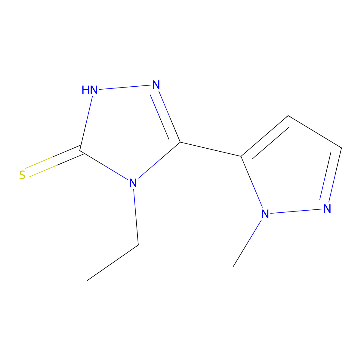 4-ethyl-5-(1-methyl-1H-pyrazol-5-yl)-4H-1,2,4-triazole-3-thiol molecular structure, CAS 1005629-19-5