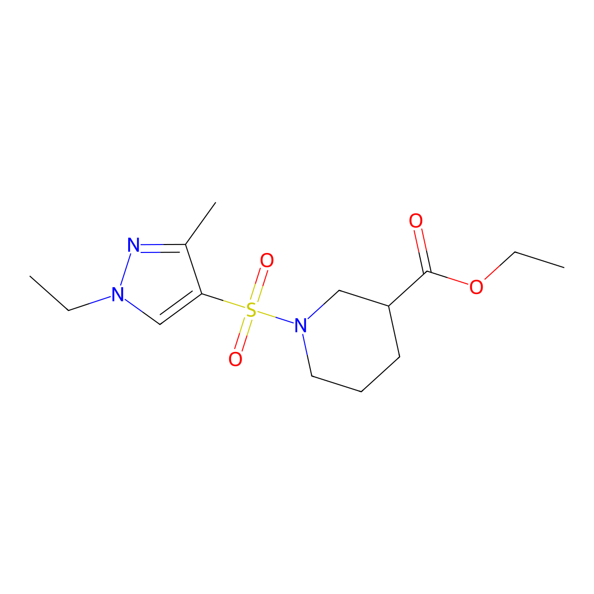 Ethyl 1-((1-ethyl-3-methyl-1H-pyrazol-4-yl)sulfonyl)piperidine-3-carboxylate molecular structure, CAS 1005629-22-0