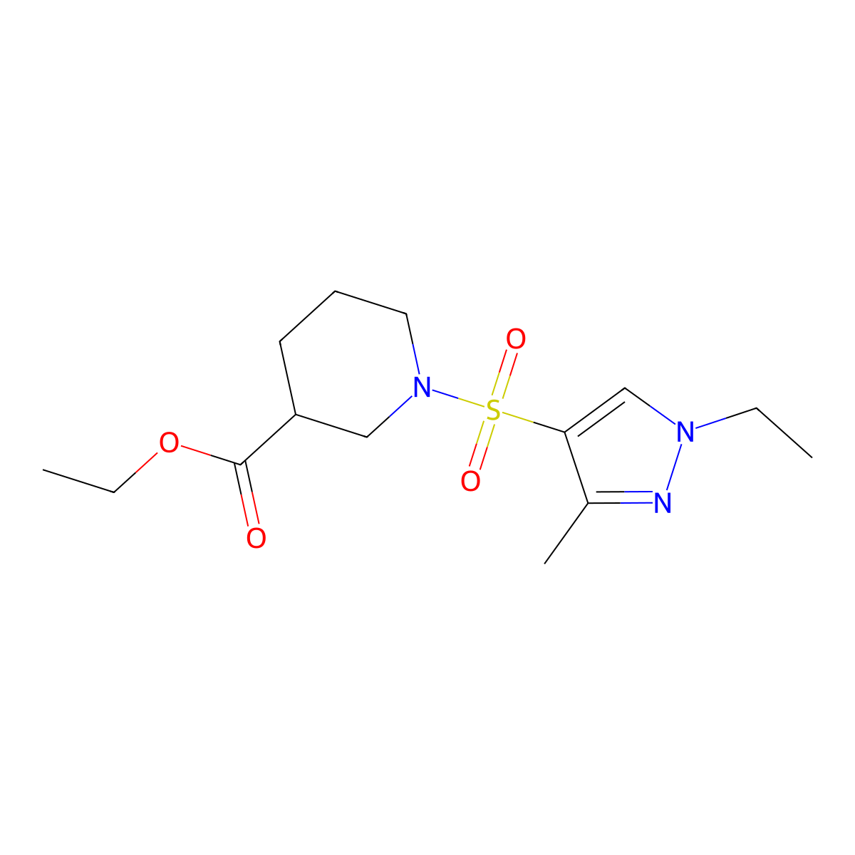 Ethyl 1-((1-ethyl-3-methyl-1H-pyrazol-4-yl)sulfonyl)piperidine-3-carboxylate molecular structure, CAS 1005629-22-0