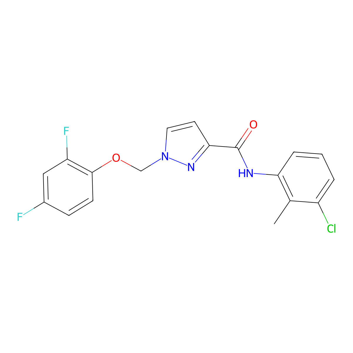 N-(3-chloro-2-methylphenyl)-1-[(2,4-difluorophenoxy)methyl]-1H-pyrazole-3-carboxamide molecular structure, CAS 1005629-23-1