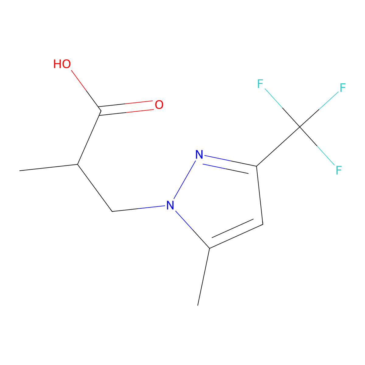 2-methyl-3-[5-methyl-3-(trifluoromethyl)-1H-pyrazol-1-yl]propanoic acid molecular structure, CAS 1005629-50-4