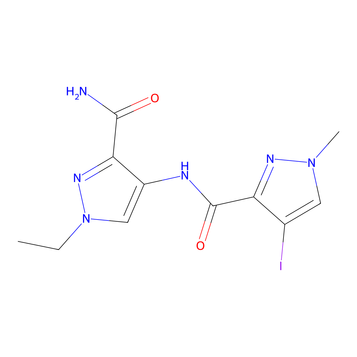 1-Ethyl-4-[(4-iodo-1-methylpyrazole-3-carbonyl)amino]pyrazole-3-carboxamide molecular structure, CAS 1005629-64-0