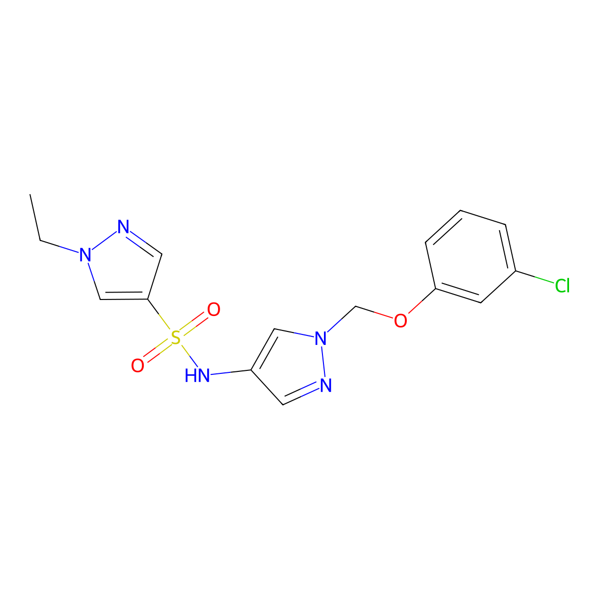 N-[1-[(3-Chlorophenoxy)methyl]-1H-pyrazol-4-yl]-1-ethyl-1H-pyrazole-4-sulfonamide molecular structure, CAS 1005629-66-2