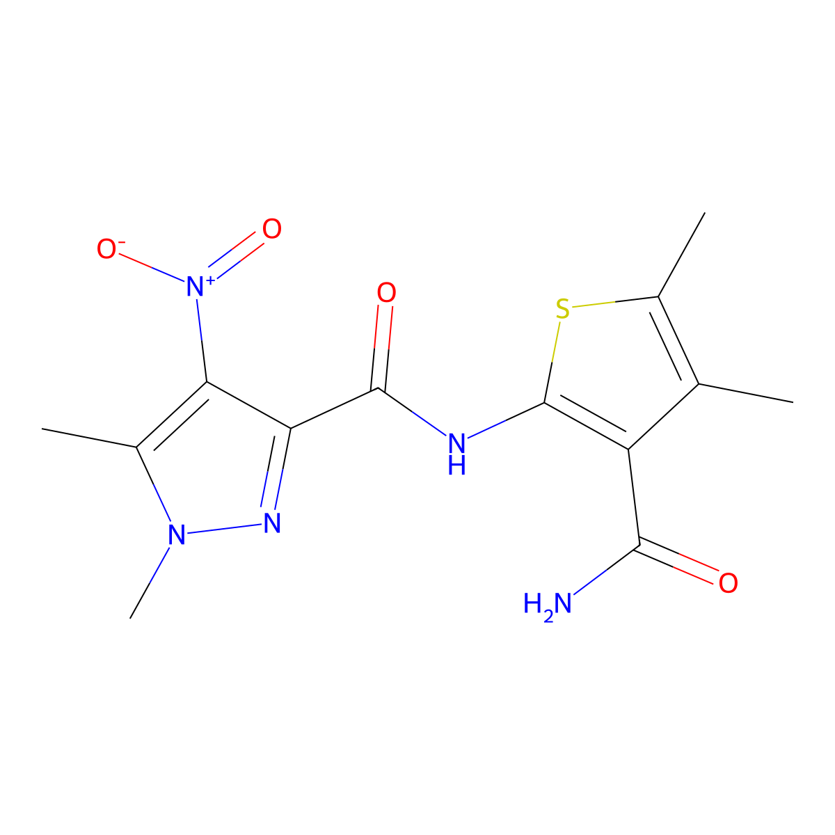 N-(3-carbamoyl-4,5-dimethylthiophen-2-yl)-1,5-dimethyl-4-nitropyrazole-3-carboxamide molecular structure, CAS 1005629-97-9