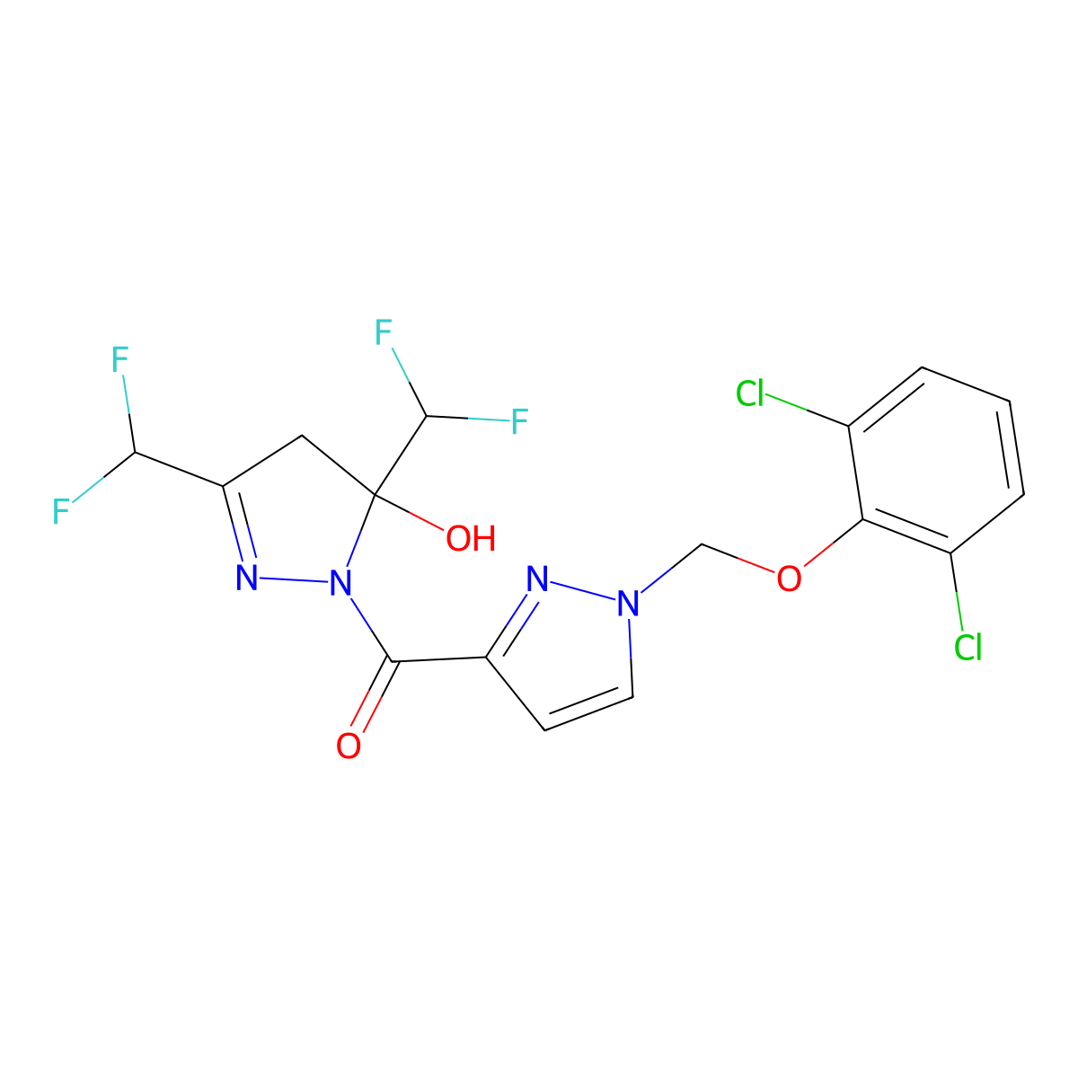 [3,5-bis(difluoromethyl)-5-hydroxy-4,5-dihydro-1H-pyrazol-1-yl]{1-[(2,6-dichlorophenoxy)methyl]-1H-pyrazol-3-yl}methanone molecular structure, CAS 1005630-34-1
