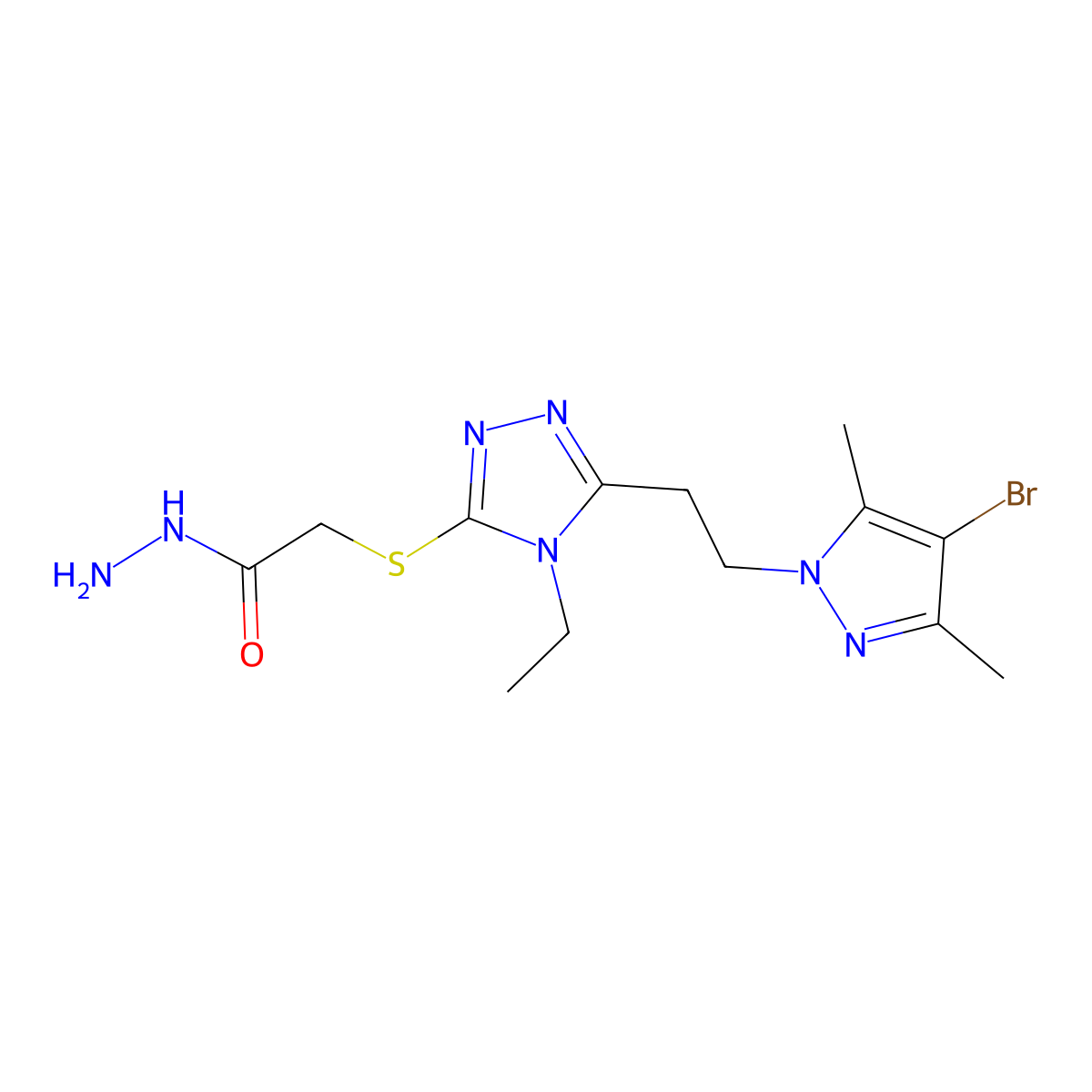 2-({5-[2-(4-bromo-3,5-dimethyl-1H-pyrazol-1-yl)ethyl]-4-ethyl-4H-1,2,4-triazol-3-yl}sulfanyl)acetohydrazide molecular structure, CAS 1005630-40-9