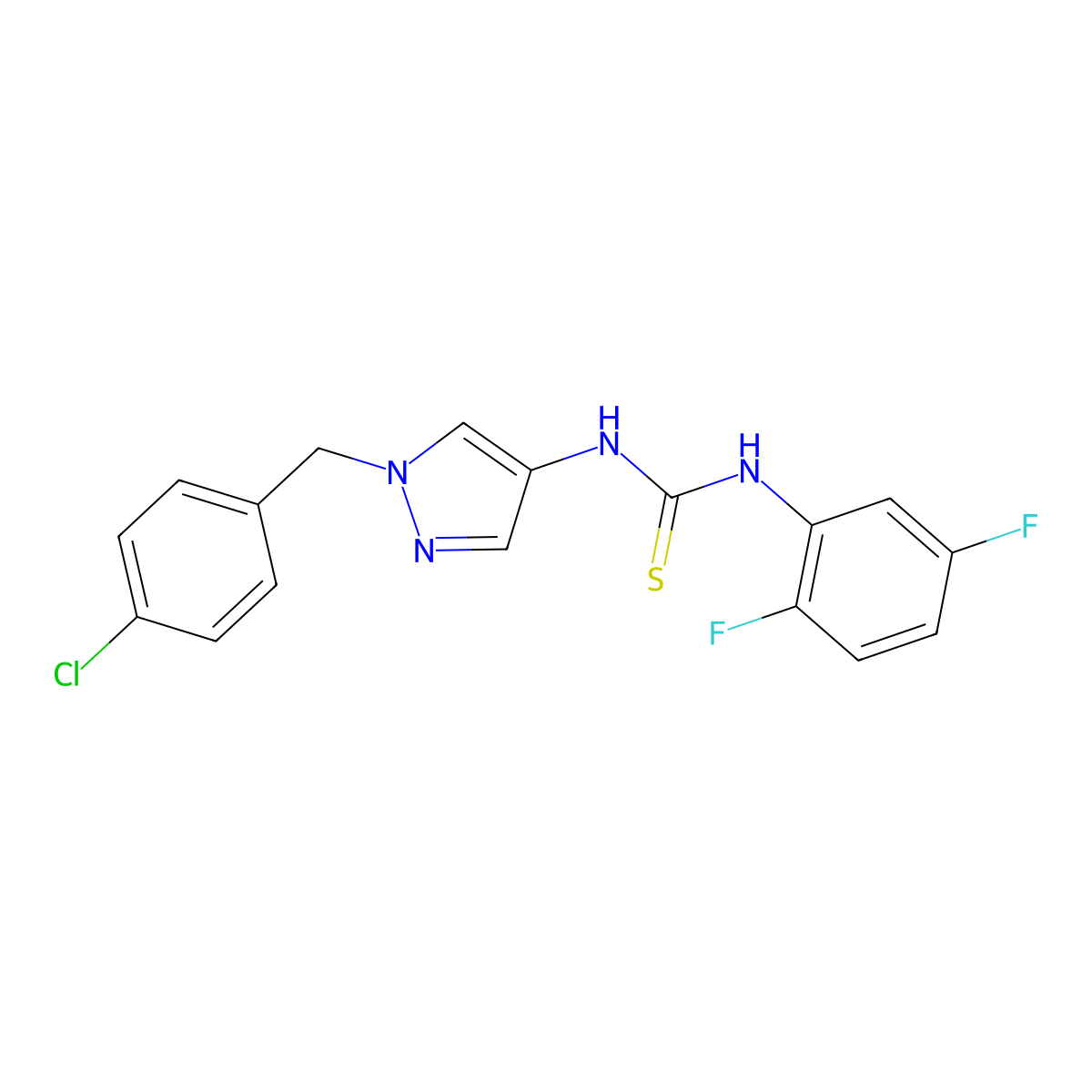 1-[1-[(4-Chlorophenyl)methyl]pyrazol-4-yl]-3-(2,5-difluorophenyl)thiourea molecular structure, CAS 1005630-48-7