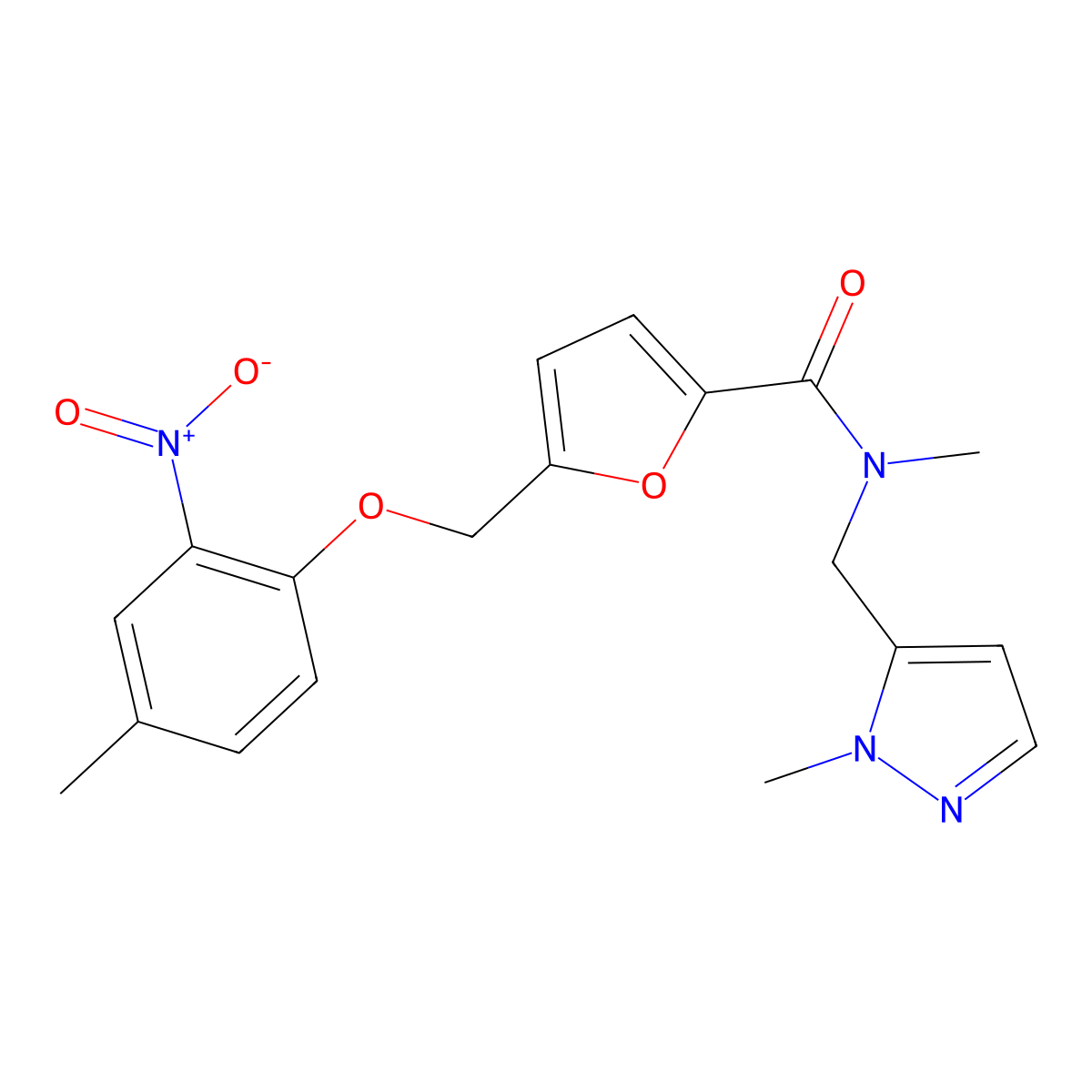 N-methyl-5-[(4-methyl-2-nitrophenoxy)methyl]-N-[(2-methylpyrazol-3-yl)methyl]furan-2-carboxamide molecular structure, CAS 1005630-49-8