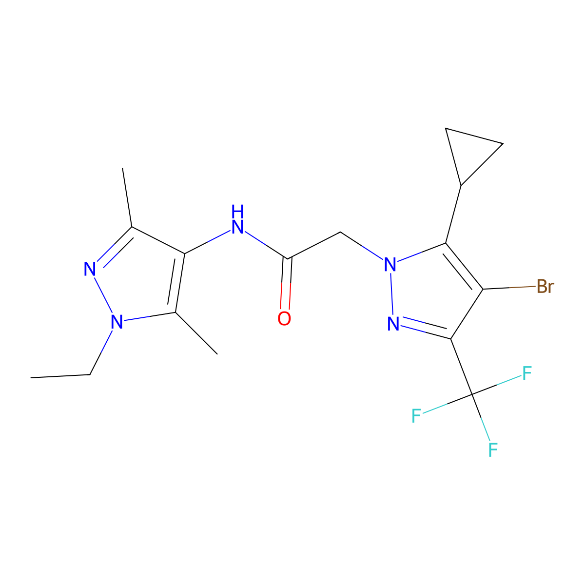 2-[4-bromo-5-cyclopropyl-3-(trifluoromethyl)-1H-pyrazol-1-yl]-N-(1-ethyl-3,5-dimethyl-1H-pyrazol-4-yl)acetamide molecular structure, CAS 1005630-50-1