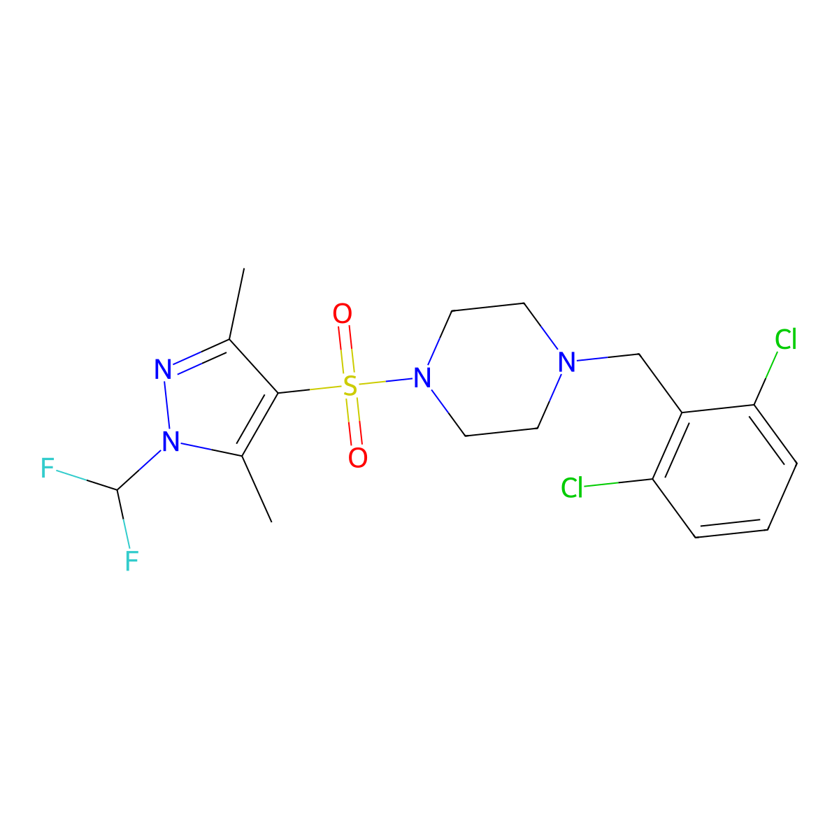 1-(2,6-dichlorobenzyl)-4-{[1-(difluoromethyl)-3,5-dimethyl-1H-pyrazol-4-yl]sulfonyl}piperazine molecular structure, CAS 1005630-77-2