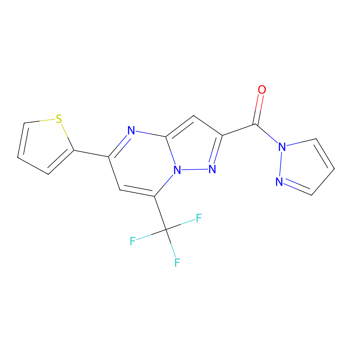Pyrazol-1-yl-[5-thiophen-2-yl-7-(trifluoromethyl)pyrazolo[1,5-a]pyrimidin-2-yl]methanone molecular structure, CAS 1005630-97-6