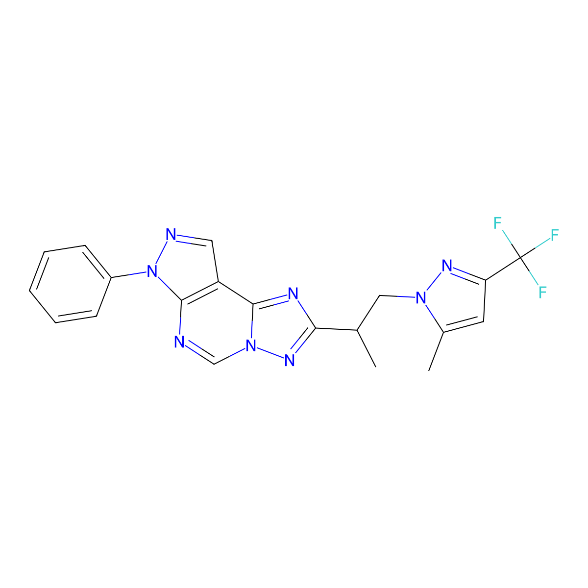2-[1-Methyl-2-[5-methyl-3-(trifluoromethyl)-1H-pyrazol-1-yl]ethyl]-7-phenyl-7H-pyrazolo[4,3-e][1,2,4]triazolo[1,5-c]pyrimidine molecular structure, CAS 1005631-13-9