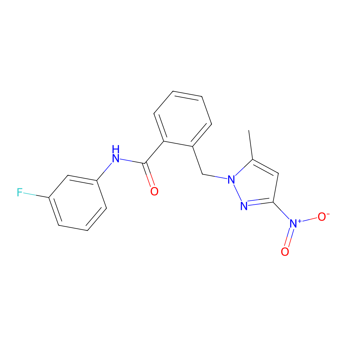 N-(3-fluorophenyl)-2-[(5-methyl-3-nitropyrazol-1-yl)methyl]benzamide molecular structure, CAS 1005631-15-1
