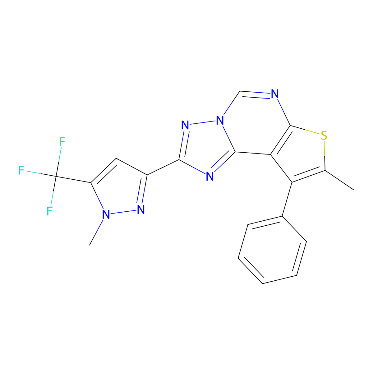 8-methyl-2-[1-methyl-5-(trifluoromethyl)-1H-pyrazol-3-yl]-9-phenylthieno[3,2-e][1,2,4]triazolo[1,5-c]pyrimidine molecular structure, CAS 1005631-18-4