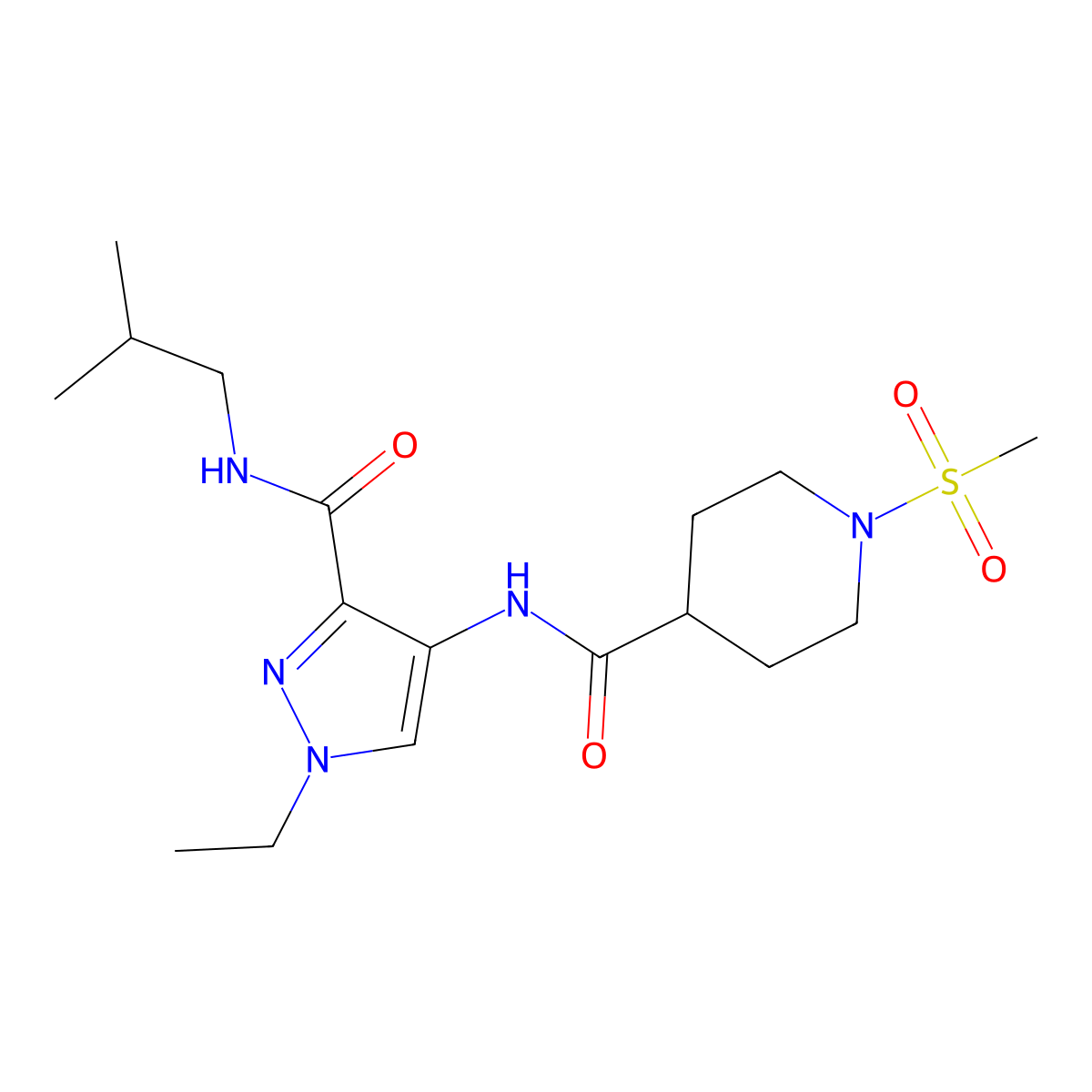 N-[1-Ethyl-3-[[(2-methylpropyl)amino]carbonyl]-1H-pyrazol-4-yl]-1-(methylsulfonyl)-4-piperidinecarboxamide molecular structure, CAS 1005631-27-5