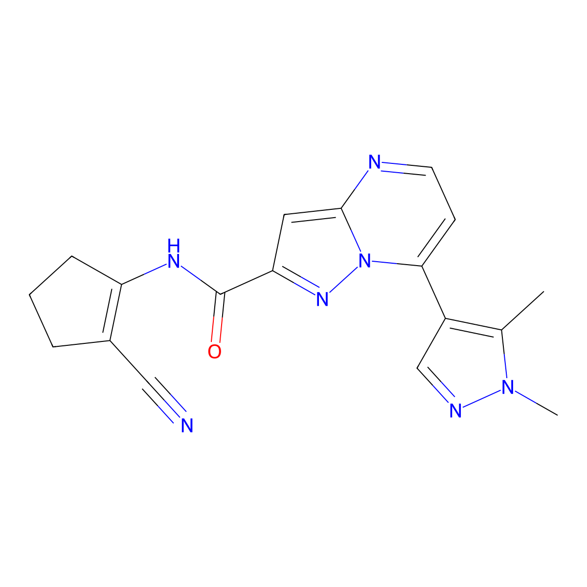 N~2~-(2-Cyano-1-cyclopentenyl)-7-(1,5-dimethyl-1H-pyrazol-4-YL)pyrazolo[1,5-A]pyrimidine-2-carboxamide molecular structure, CAS 1005631-39-9