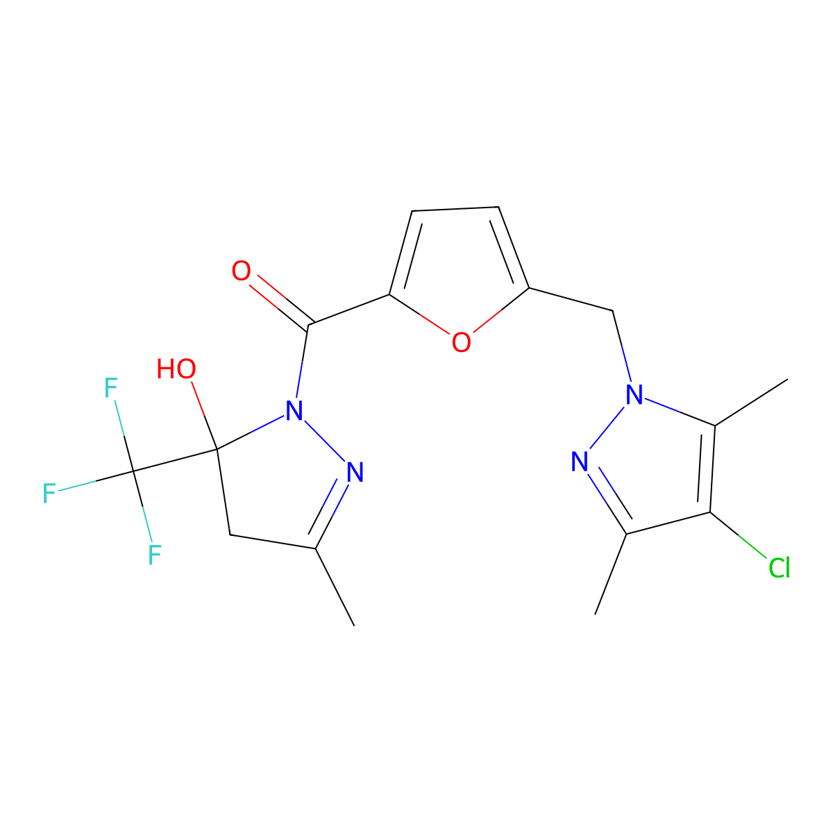 {5-[(4-chloro-3,5-dimethyl-1H-pyrazol-1-yl)methyl]furan-2-yl}[5-hydroxy-3-methyl-5-(trifluoromethyl)-4,5-dihydro-1H-pyrazol-1-yl]methanone molecular structure, CAS 1005631-58-2