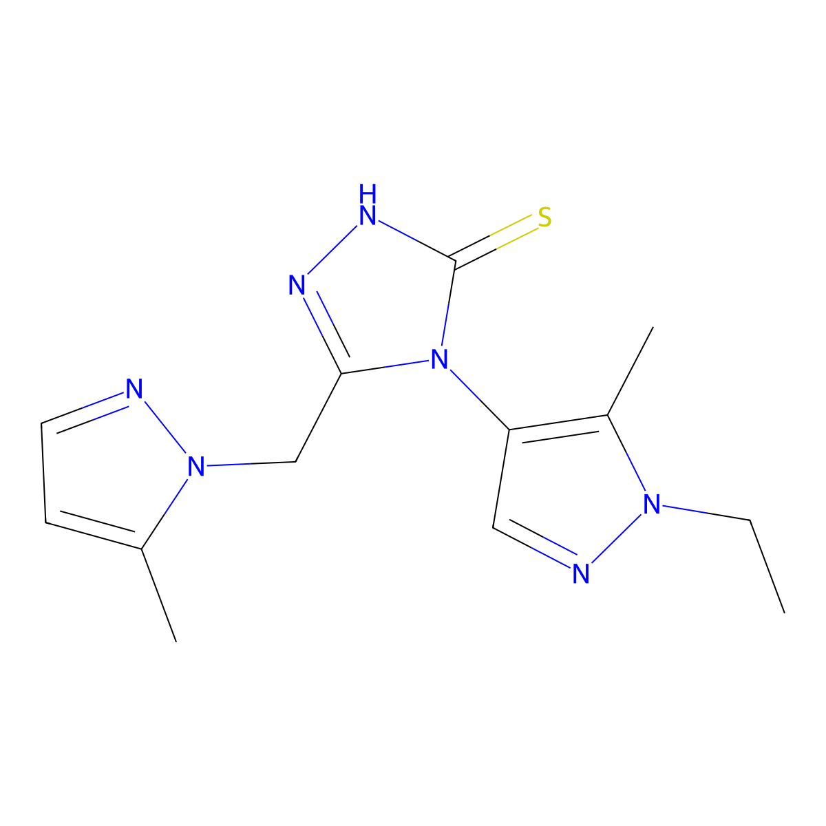4-(1-ethyl-5-methyl-1H-pyrazol-4-yl)-5-[(5-methyl-1H-pyrazol-1-yl)methyl]-4H-1,2,4-triazole-3-thiol molecular structure, CAS 1005631-81-1