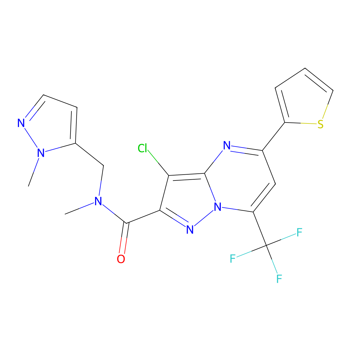 3-chloro-N-methyl-N-[(1-methyl-1H-pyrazol-5-yl)methyl]-5-(thiophen-2-yl)-7-(trifluoromethyl)pyrazolo[1,5-a]pyrimidine-2-carboxamide molecular structure, CAS 1005631-85-5