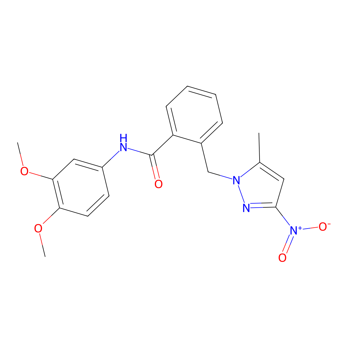 N-(3,4-dimethoxyphenyl)-2-[(5-methyl-3-nitropyrazol-1-yl)methyl]benzamide molecular structure, CAS 1005631-90-2