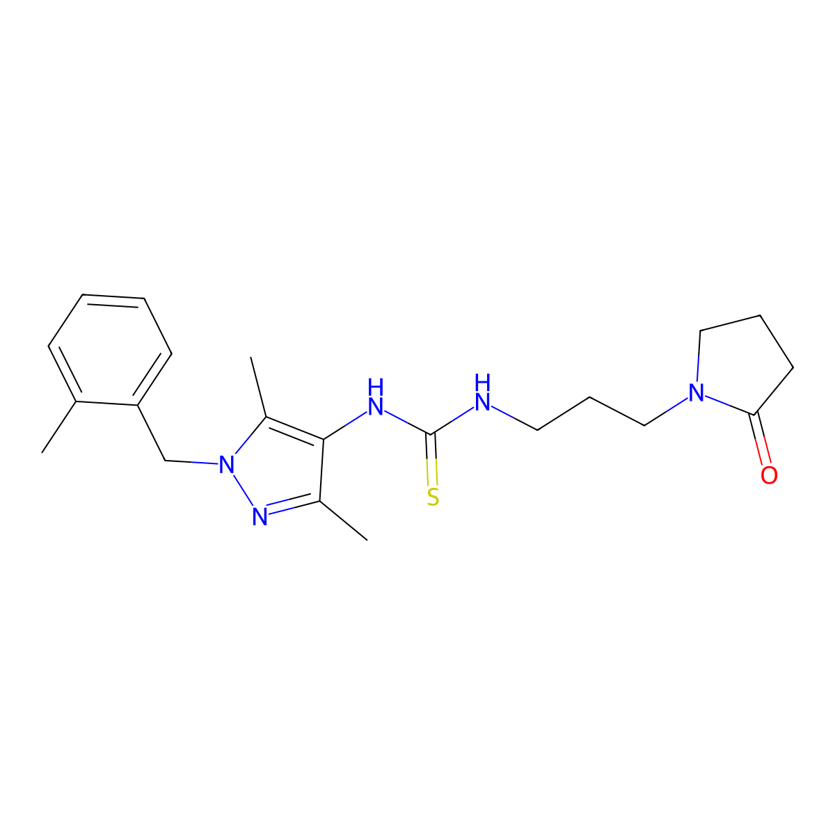 1-[3,5-Dimethyl-1-[(2-methylphenyl)methyl]pyrazol-4-yl]-3-[3-(2-oxopyrrolidin-1-yl)propyl]thiourea molecular structure, CAS 1005631-95-7