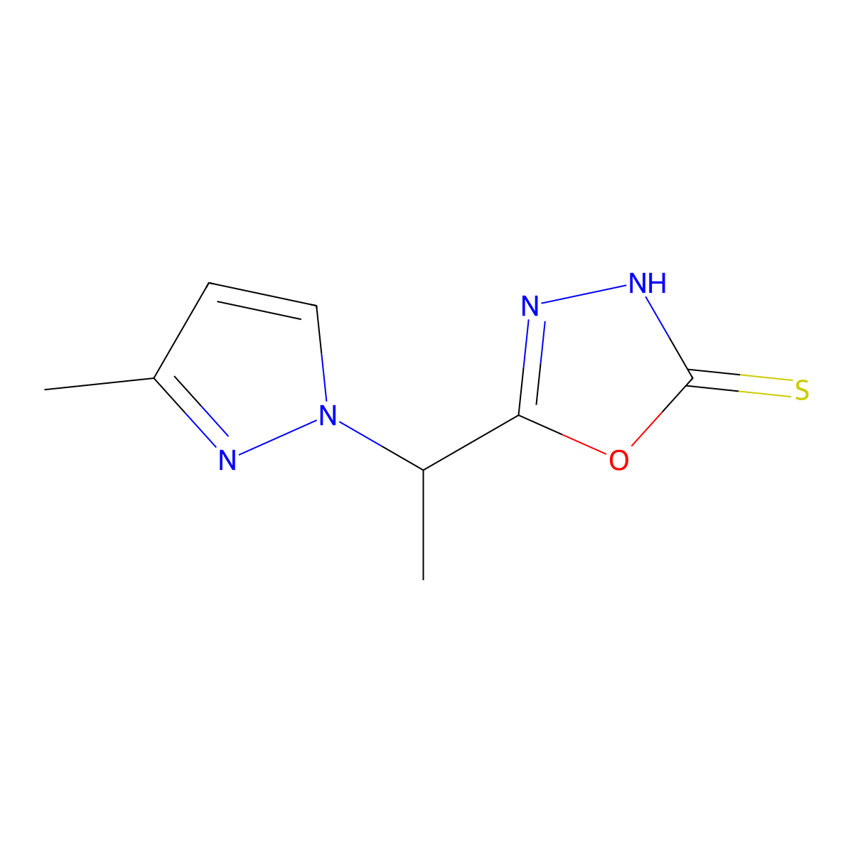 5-[1-(3-methyl-1H-pyrazol-1-yl)ethyl]-1,3,4-oxadiazole-2-thiol molecular structure, CAS 1005632-06-3