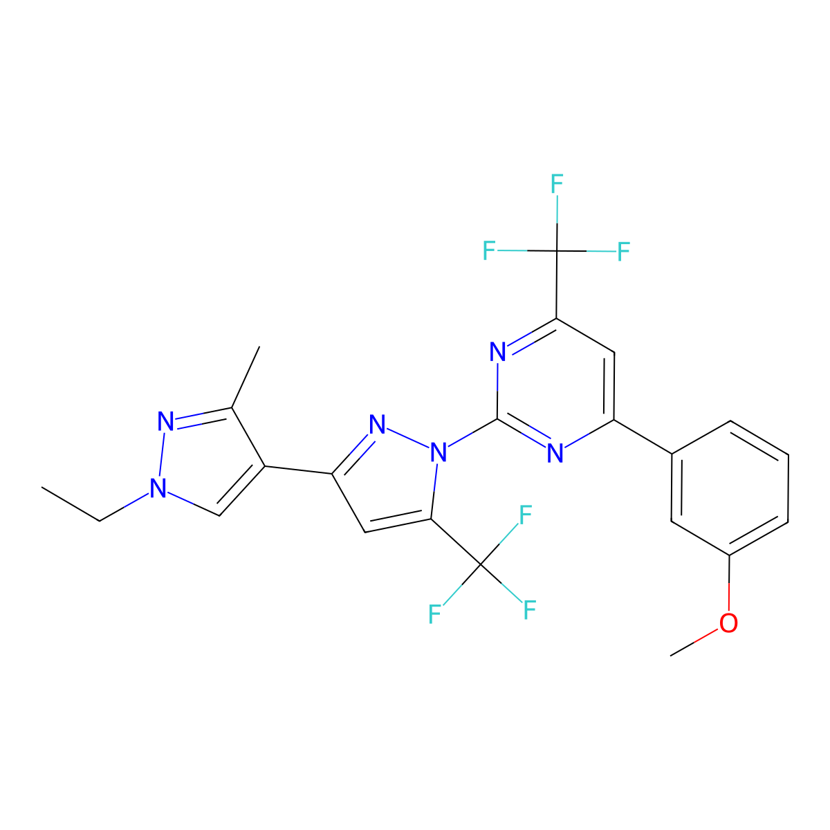 1'-Ethyl-1-[4-(3-methoxyphenyl)-6-(trifluoromethyl)-2-pyrimidinyl]-3'-methyl-5-(trifluoromethyl)-1H,1'H-3,4'-bipyrazole molecular structure, CAS 1005632-07-4
