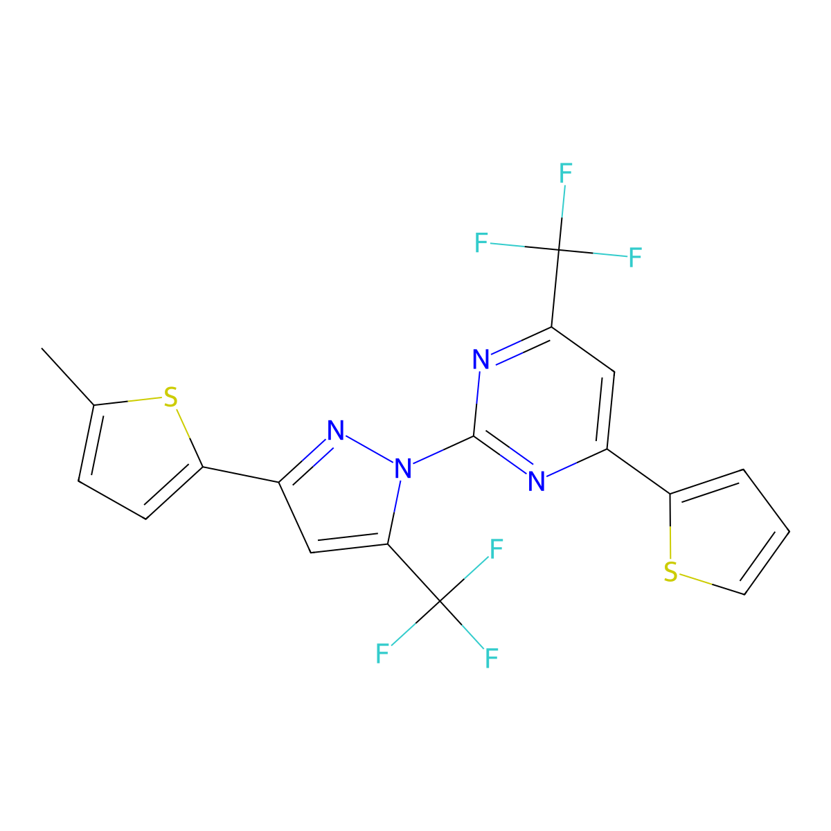 2-[3-(5-methylthiophen-2-yl)-5-(trifluoromethyl)-1H-pyrazol-1-yl]-4-(thiophen-2-yl)-6-(trifluoromethyl)pyrimidine molecular structure, CAS 1005632-13-2