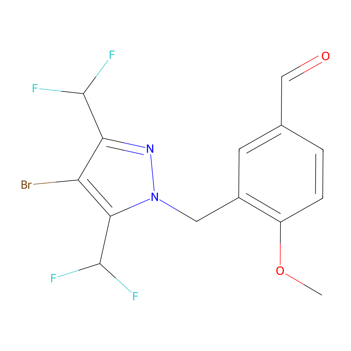 3-{[4-bromo-3,5-bis(difluoromethyl)-1H-pyrazol-1-yl]methyl}-4-methoxybenzaldehyde molecular structure, CAS 1005632-19-8