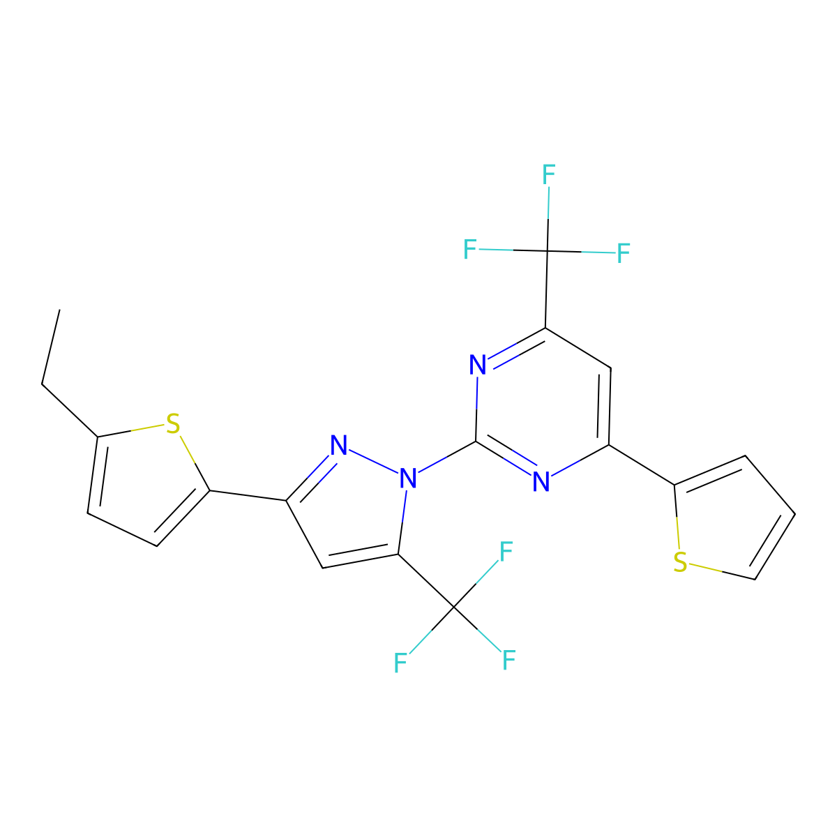 2-[3-(5-ethylthiophen-2-yl)-5-(trifluoromethyl)-1H-pyrazol-1-yl]-4-(thiophen-2-yl)-6-(trifluoromethyl)pyrimidine molecular structure, CAS 1005632-26-7