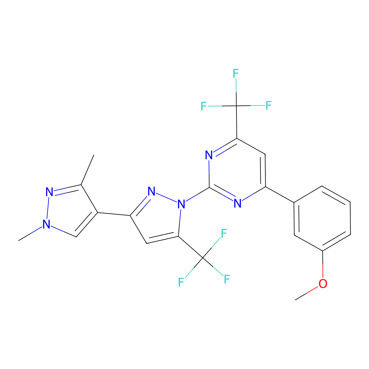 1-{2-[3-(1,3-Dimethylpyrazol-4-yl)-5-(trifluoromethyl)pyrazolyl]-6-(trifluorom ethyl)pyrimidin-4-yl}-3-methoxybenzene molecular structure, CAS 1005632-32-5