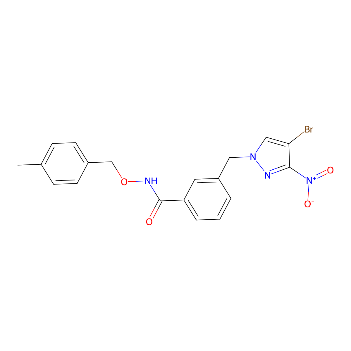 3-[(4-bromo-3-nitropyrazol-1-yl)methyl]-N-[(4-methylphenyl)methoxy]benzamide molecular structure, CAS 1005632-39-2