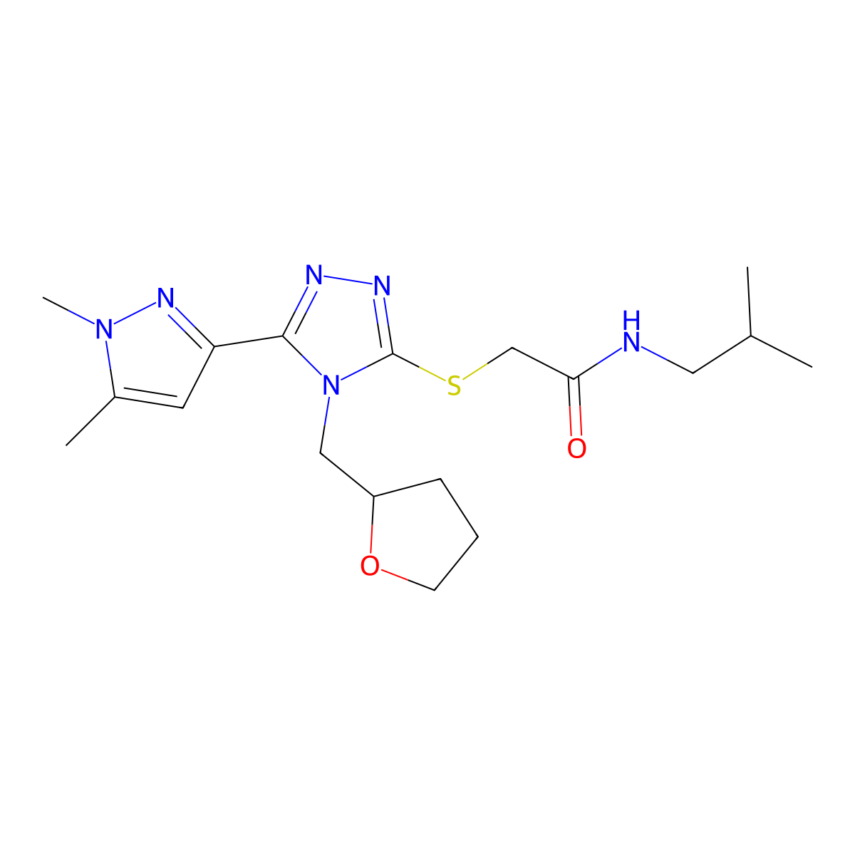 2-{[5-(1,5-dimethyl-1H-pyrazol-3-yl)-4-(tetrahydrofuran-2-ylmethyl)-4H-1,2,4-triazol-3-yl]sulfanyl}-N-(2-methylpropyl)acetamide molecular structure, CAS 1005632-54-1