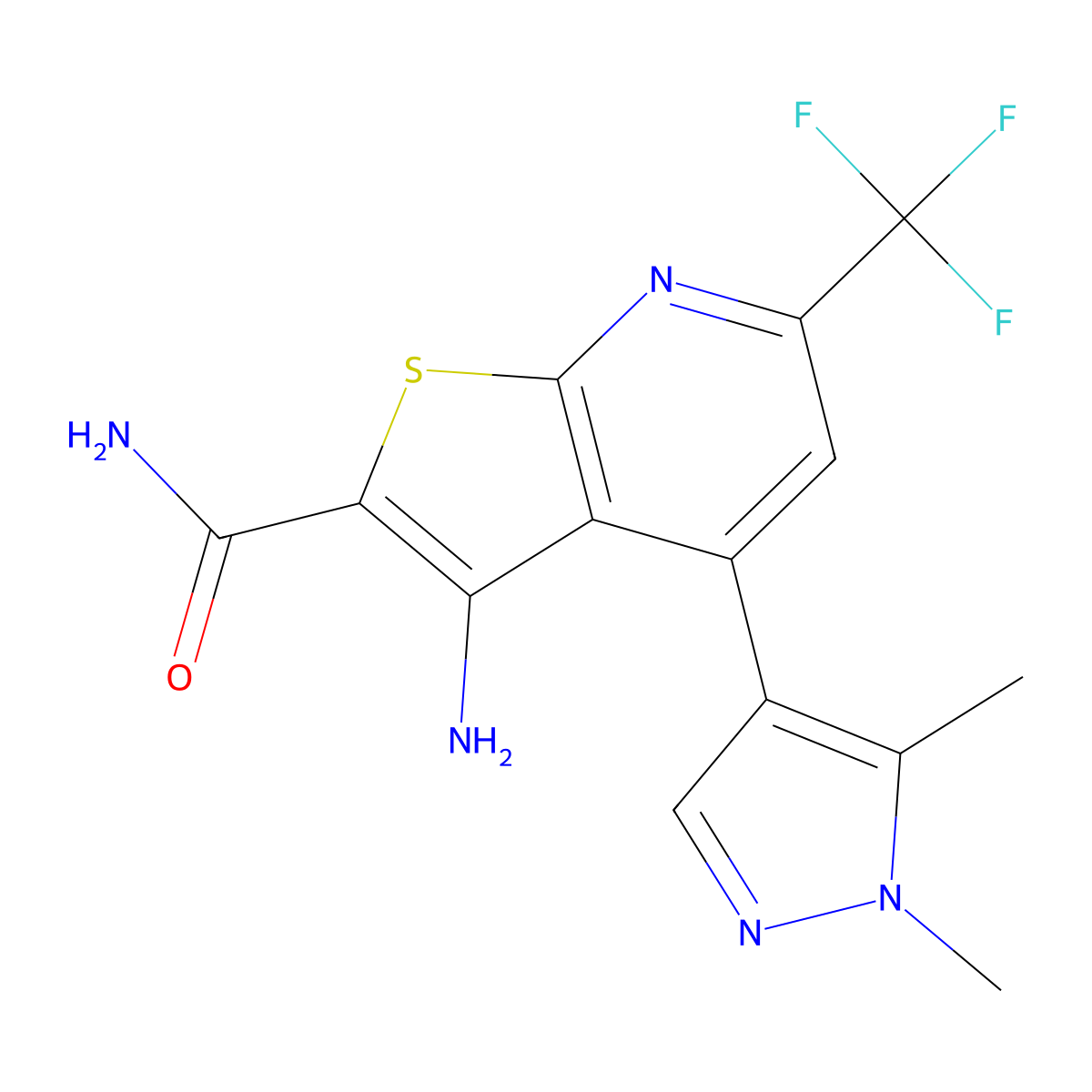 3-amino-4-(1,5-dimethyl-1H-pyrazol-4-yl)-6-(trifluoromethyl)thieno[2,3-b]pyridine-2-carboxamide molecular structure, CAS 1005632-64-3
