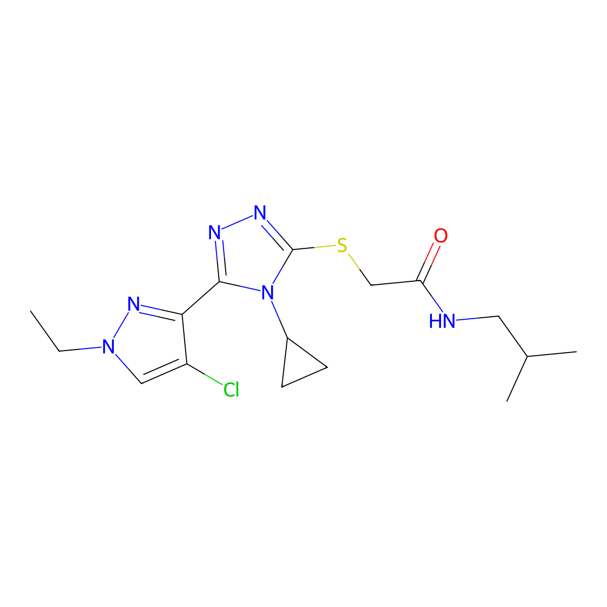 2-[[5-(4-chloro-1-ethylpyrazol-3-yl)-4-cyclopropyl-1,2,4-triazol-3-yl]sulfanyl]-N-(2-methylpropyl)acetamide molecular structure, CAS 1005632-69-8