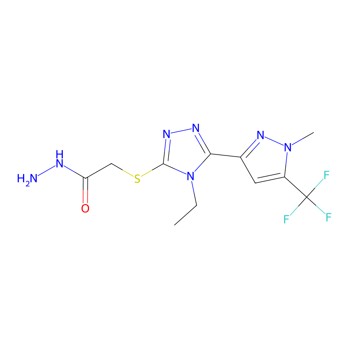 2-({4-ethyl-5-[1-methyl-5-(trifluoromethyl)-1H-pyrazol-3-yl]-4H-1,2,4-triazol-3-yl}sulfanyl)acetohydrazide molecular structure, CAS 1005632-86-9