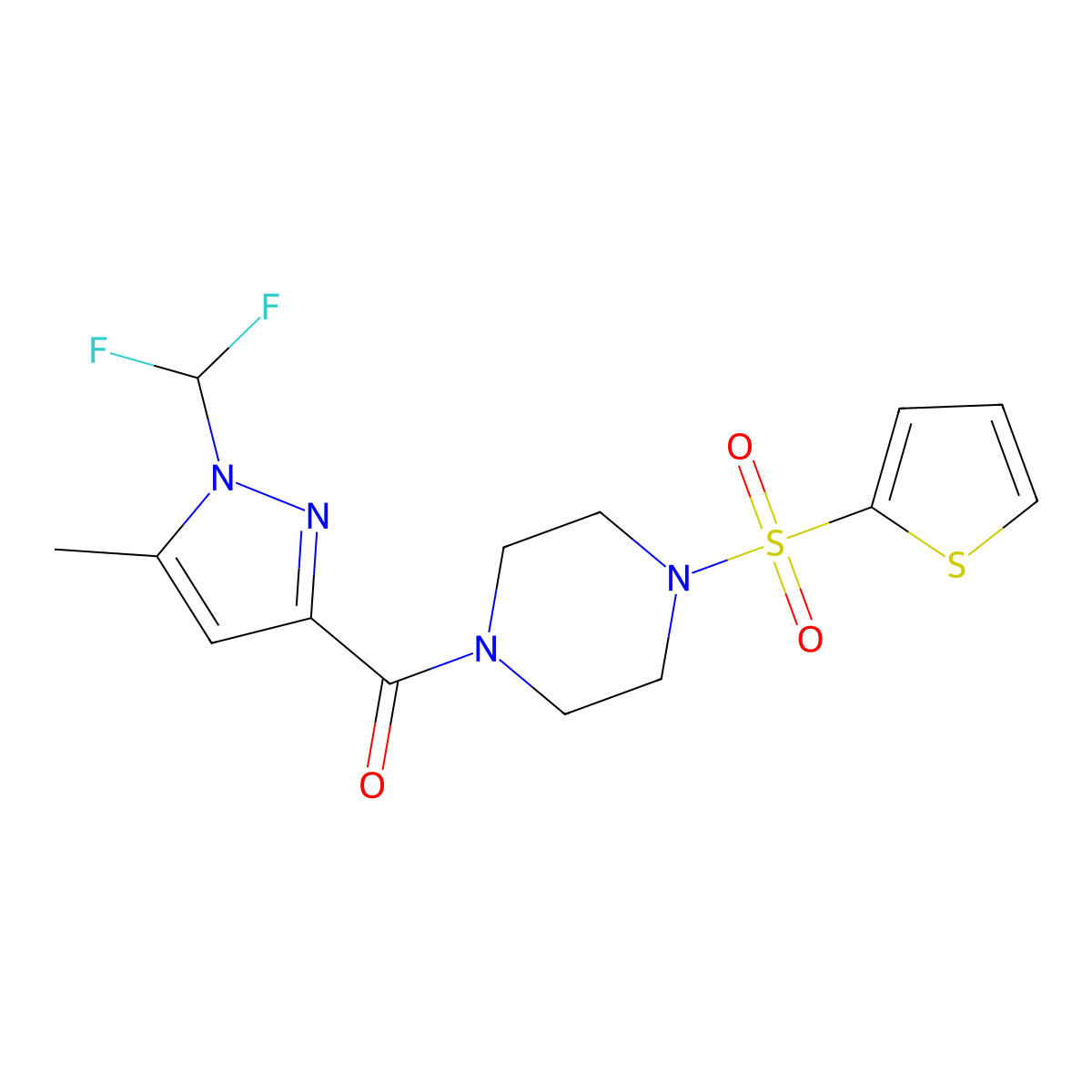 [1-(difluoromethyl)-5-methyl-1H-pyrazol-3-yl][4-(thiophen-2-ylsulfonyl)piperazin-1-yl]methanone molecular structure, CAS 1005632-95-0