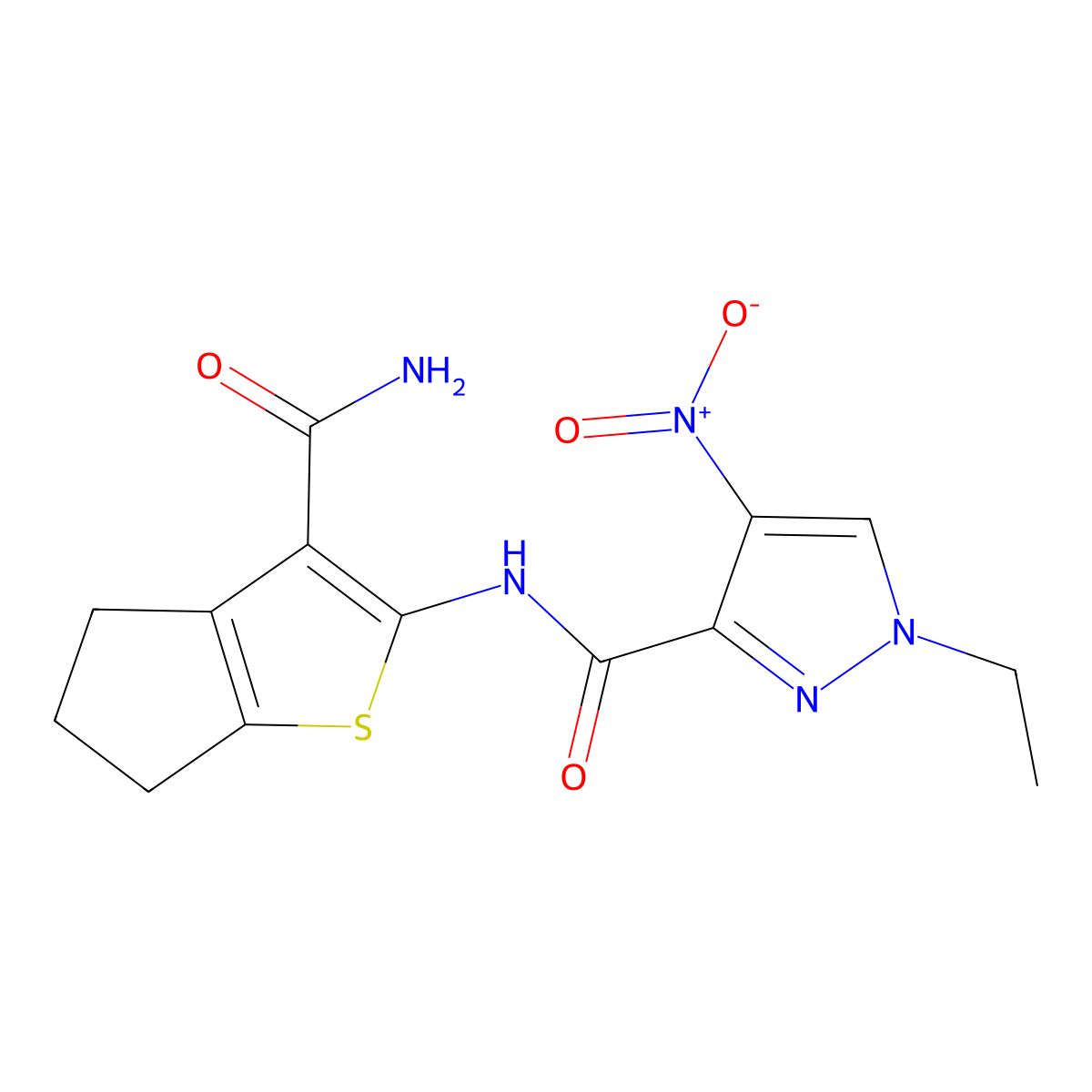 N-(3-carbamoyl-5,6-dihydro-4H-cyclopenta[b]thiophen-2-yl)-1-ethyl-4-nitropyrazole-3-carboxamide molecular structure, CAS 1005633-01-1