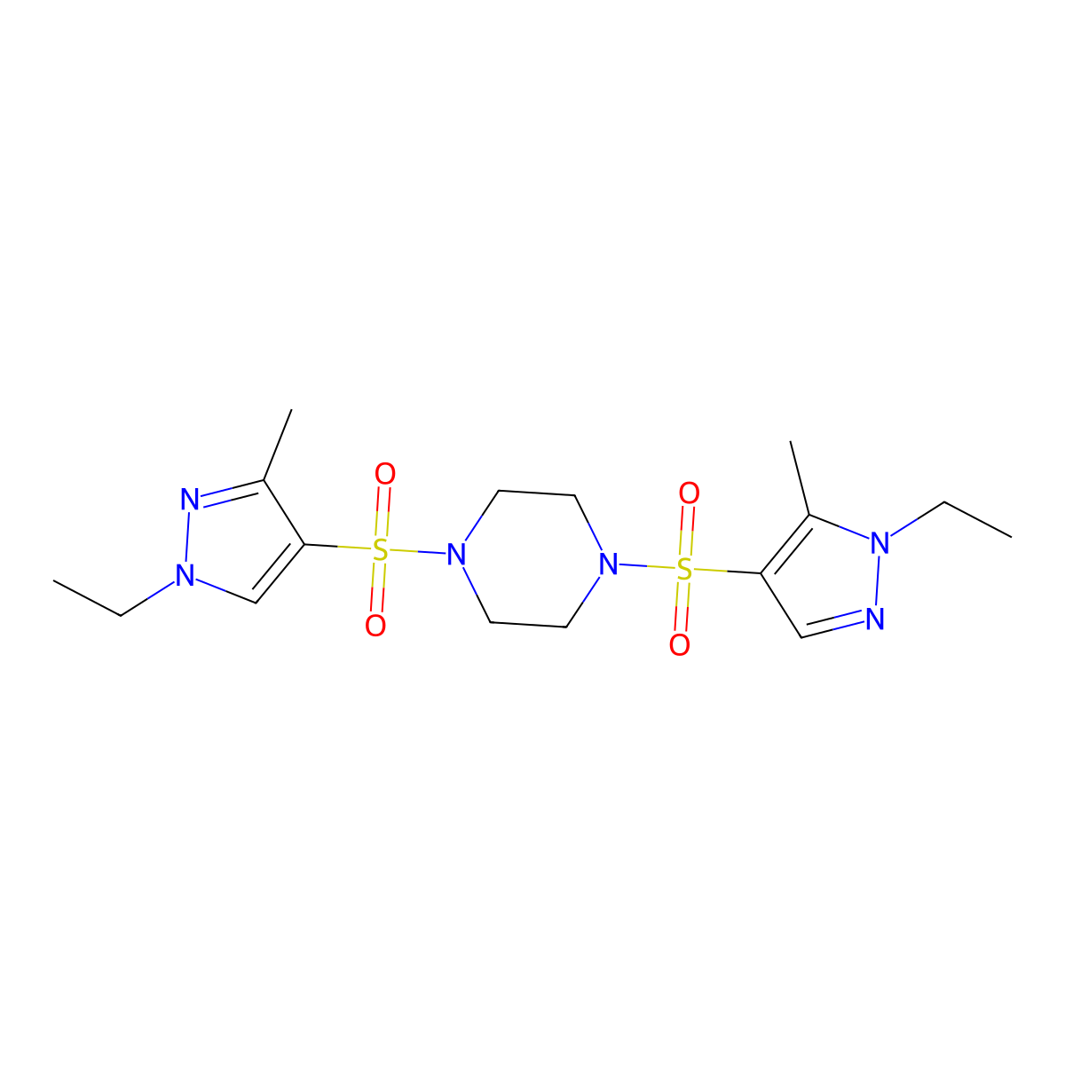 1-[(1-ethyl-3-methyl-1H-pyrazol-4-yl)sulfonyl]-4-[(1-ethyl-5-methyl-1H-pyrazol-4-yl)sulfonyl]piperazine molecular structure, CAS 1005633-17-9