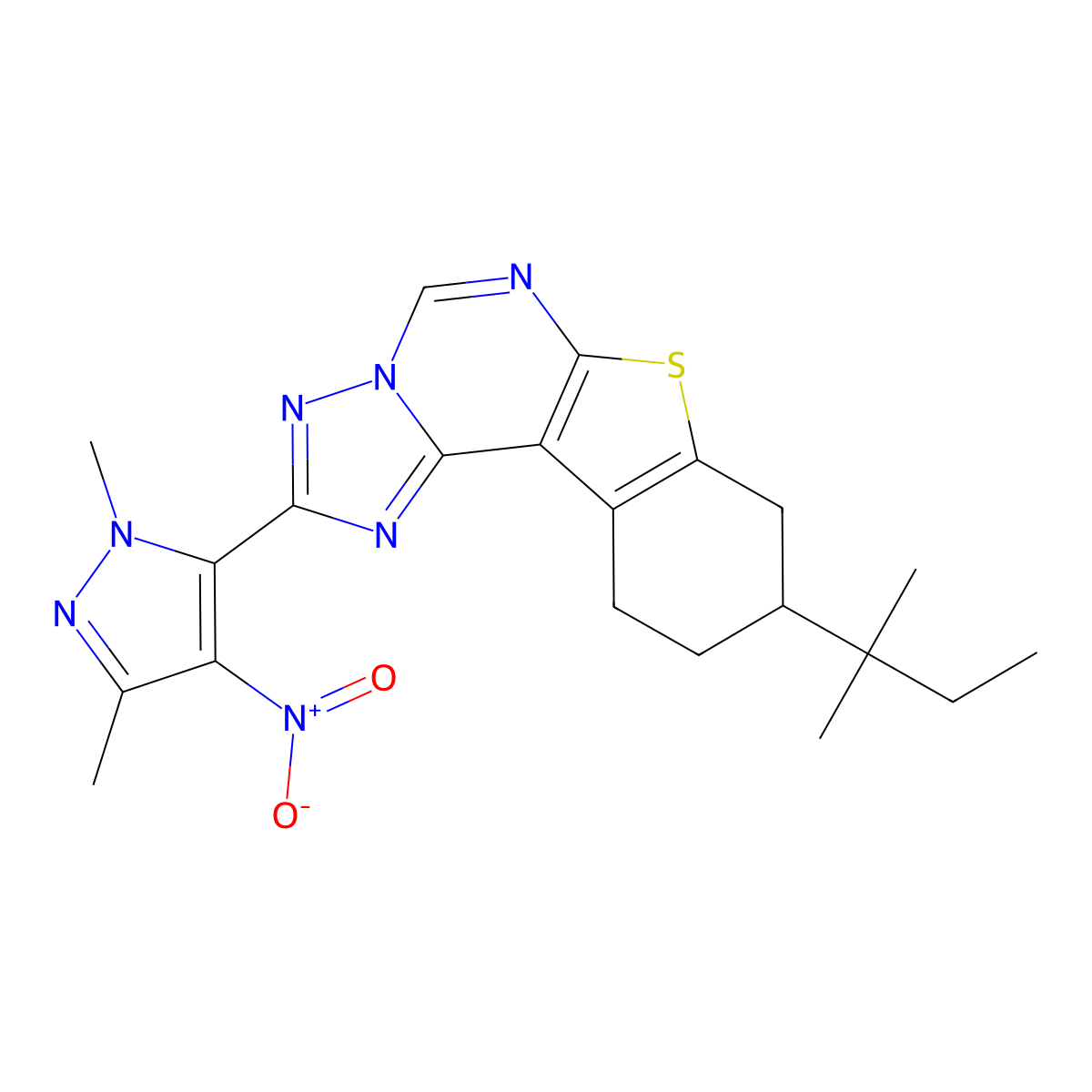 2-(1,3-Dimethyl-4-nitro-1H-pyrazol-5-YL)-9-(tert-pentyl)-8,9,10,11-tetrahydro[1]benzothieno[3,2-E][1,2,4]triazolo[1,5-C]pyrimidine molecular structure, CAS 1005633-37-3
